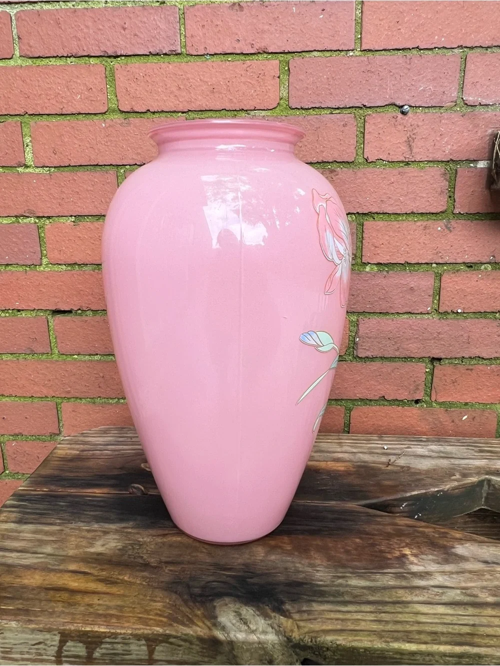 Vintage 1980s Pink Ceramic Floor Vase with Hand-Painted Art Deco Iris Design